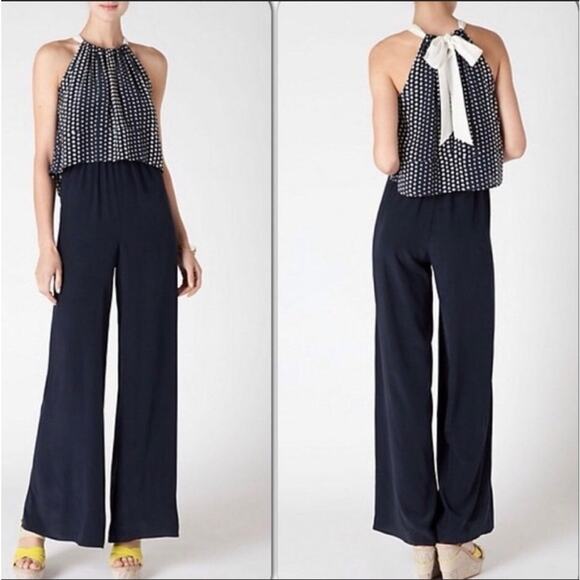 Laureate Lane Silk Jumpsuit Anthropologie Navy The Ashley Size Medium EUC Halter - Picture 1 of 12